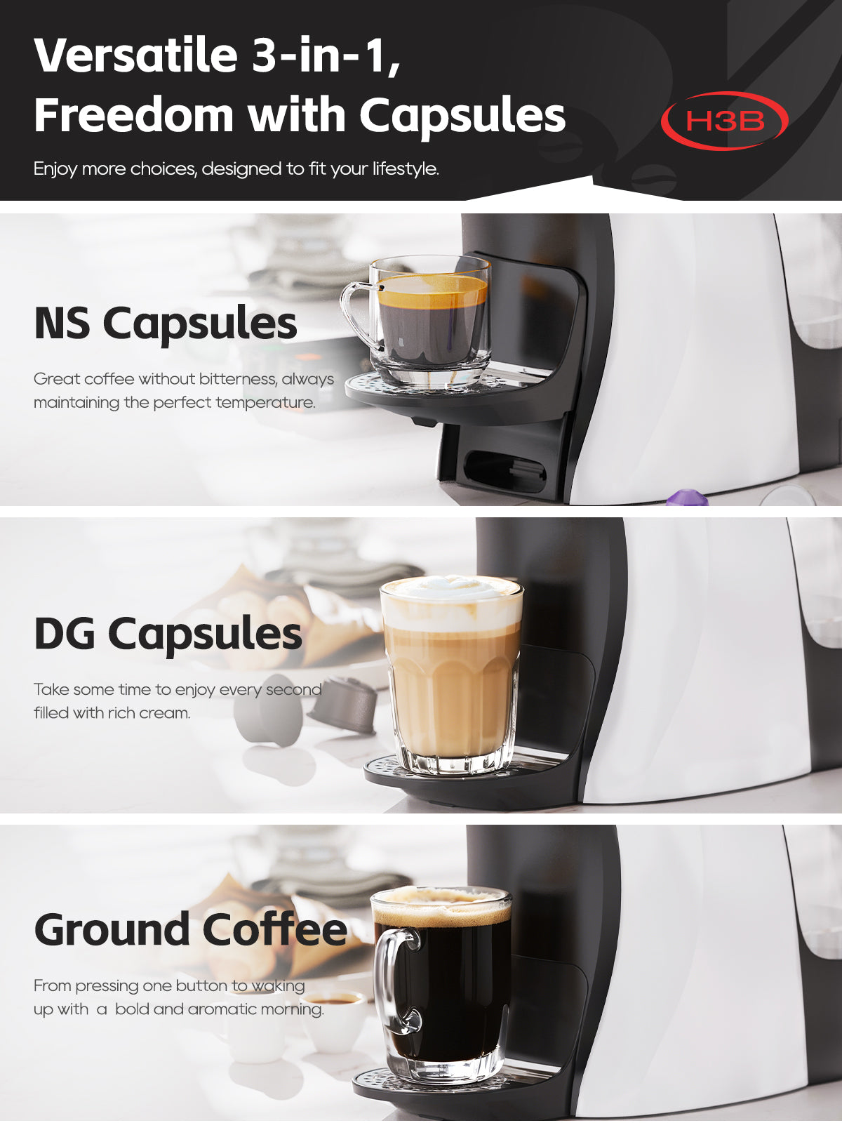 HiBREW H3B 2025 Capsule Coffee Machine – 19Bar Pressure, Works with 3 IN 1