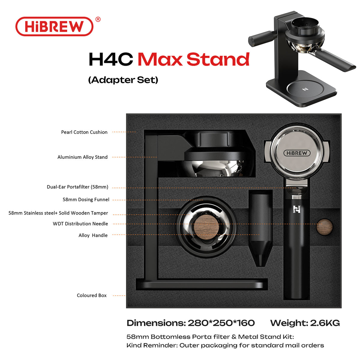 HiBREW H4C Max Stand 58mm Bottomless Portafilter and Metal Stand Kit, Ultra 58 Barista Base Station for H4C Portable Espresso Machine Accessories
