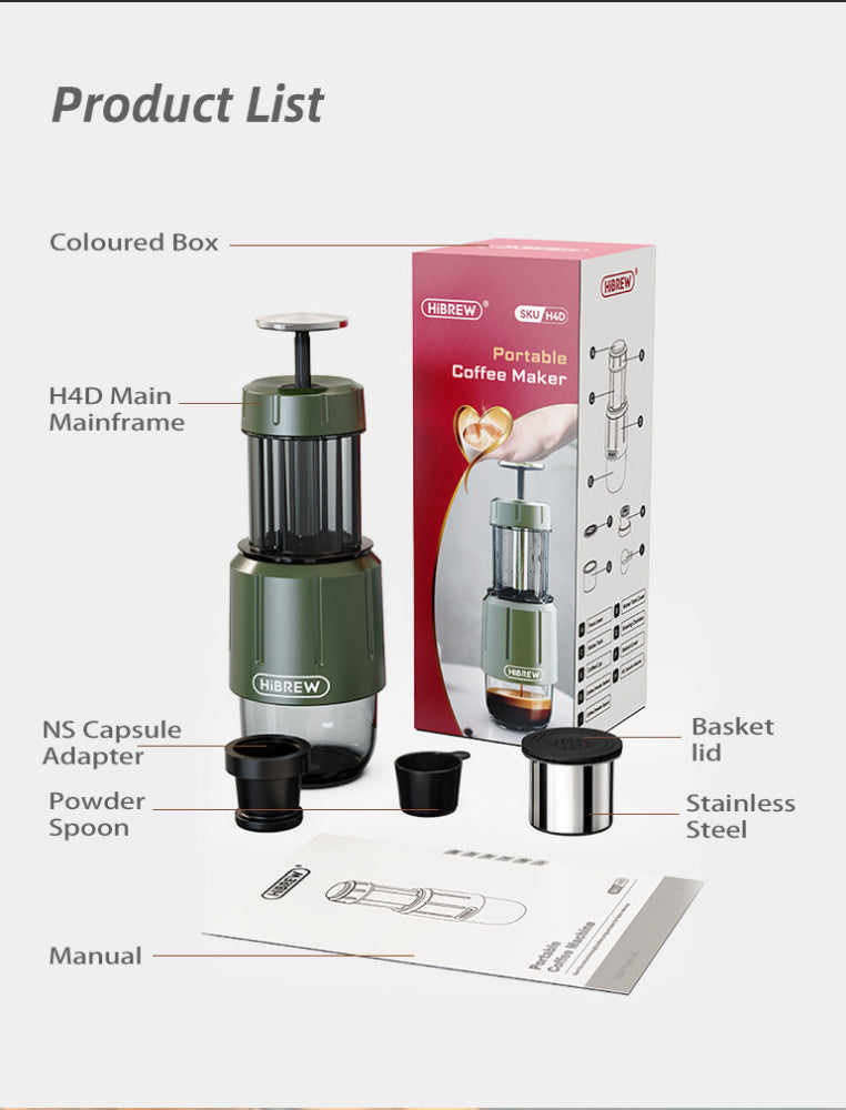 HiBREW 2 in 1 Portable Espresso Maker For Capsule & Ground Hand Press Brewer H4D